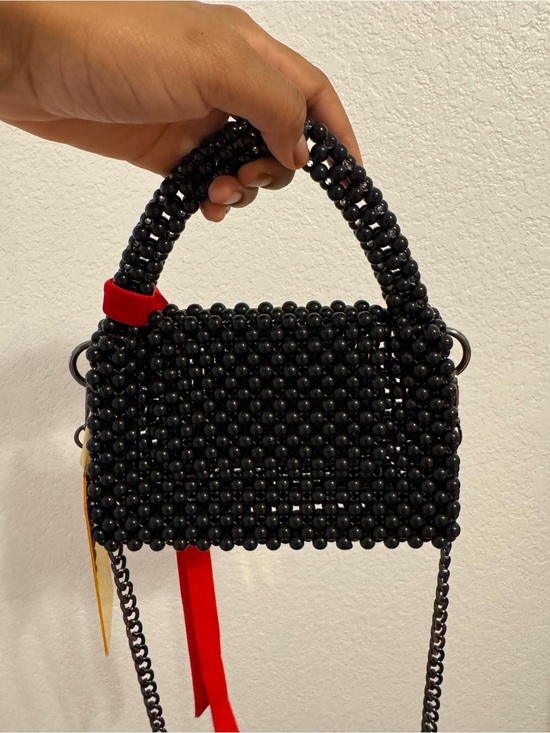 Handmade Handbags - Black Beaded Mini Top-Handle Bag with Red Accent